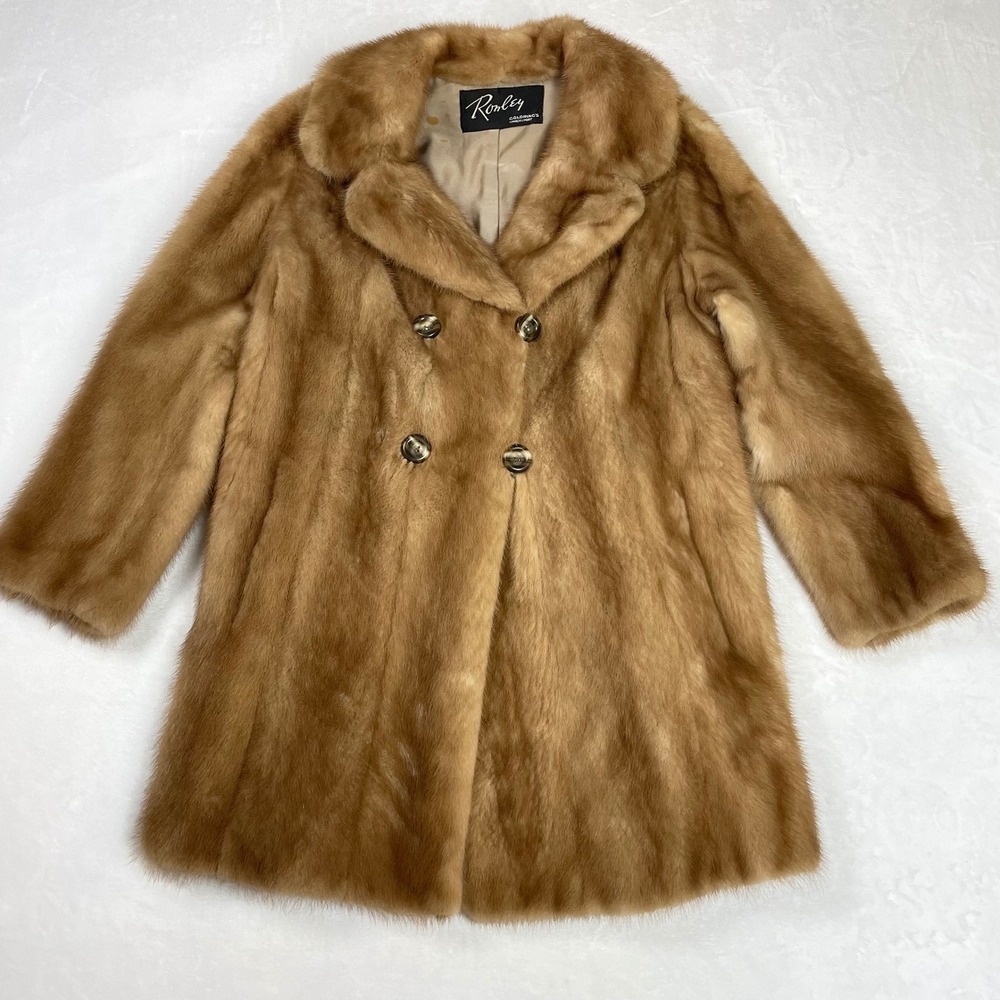 Ronley Fur Coat Women Small Brown Good Vintage Double Breasted Mink Fur